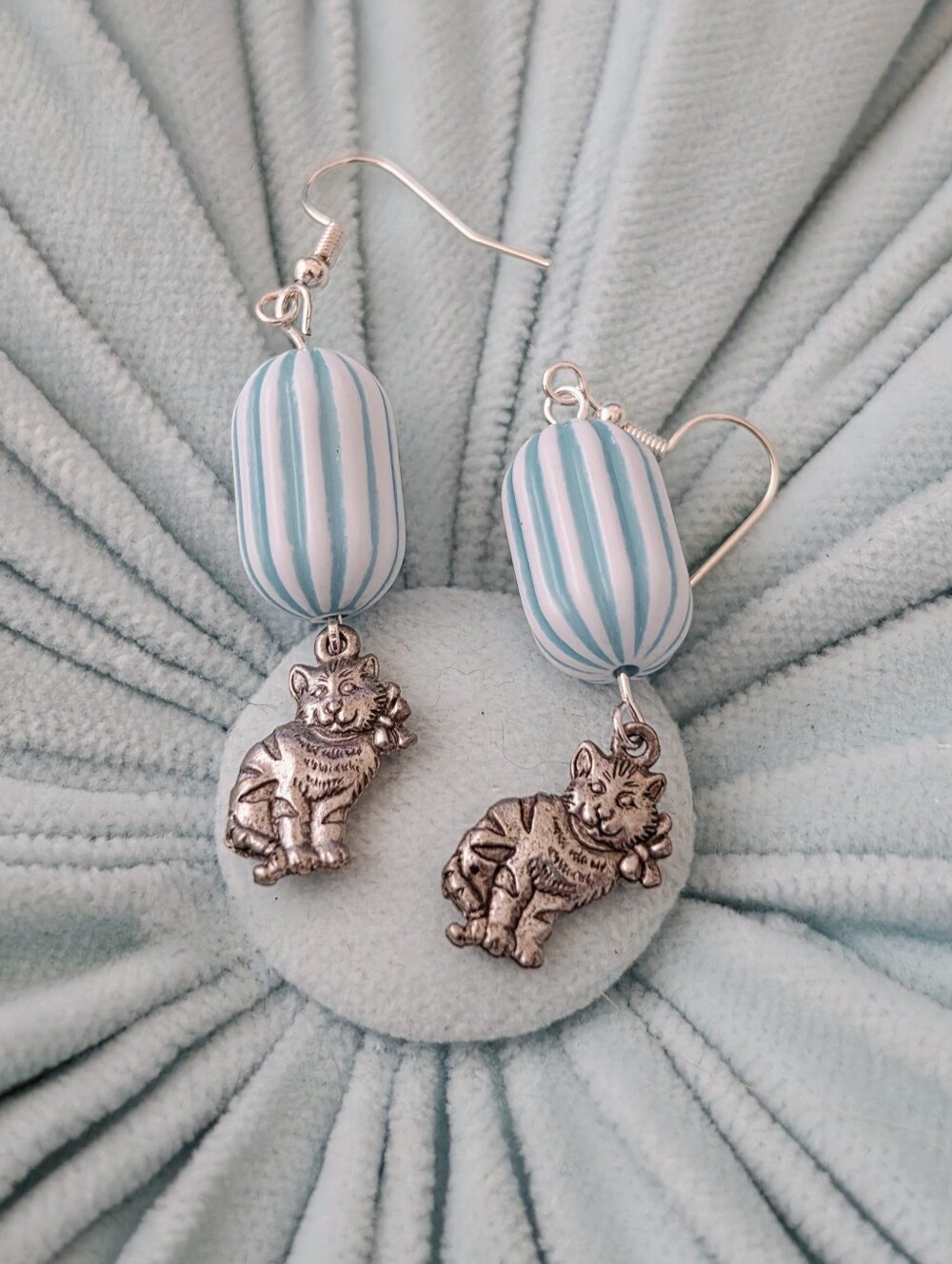 Handcrafted Blue and White Striped Cat Earrings